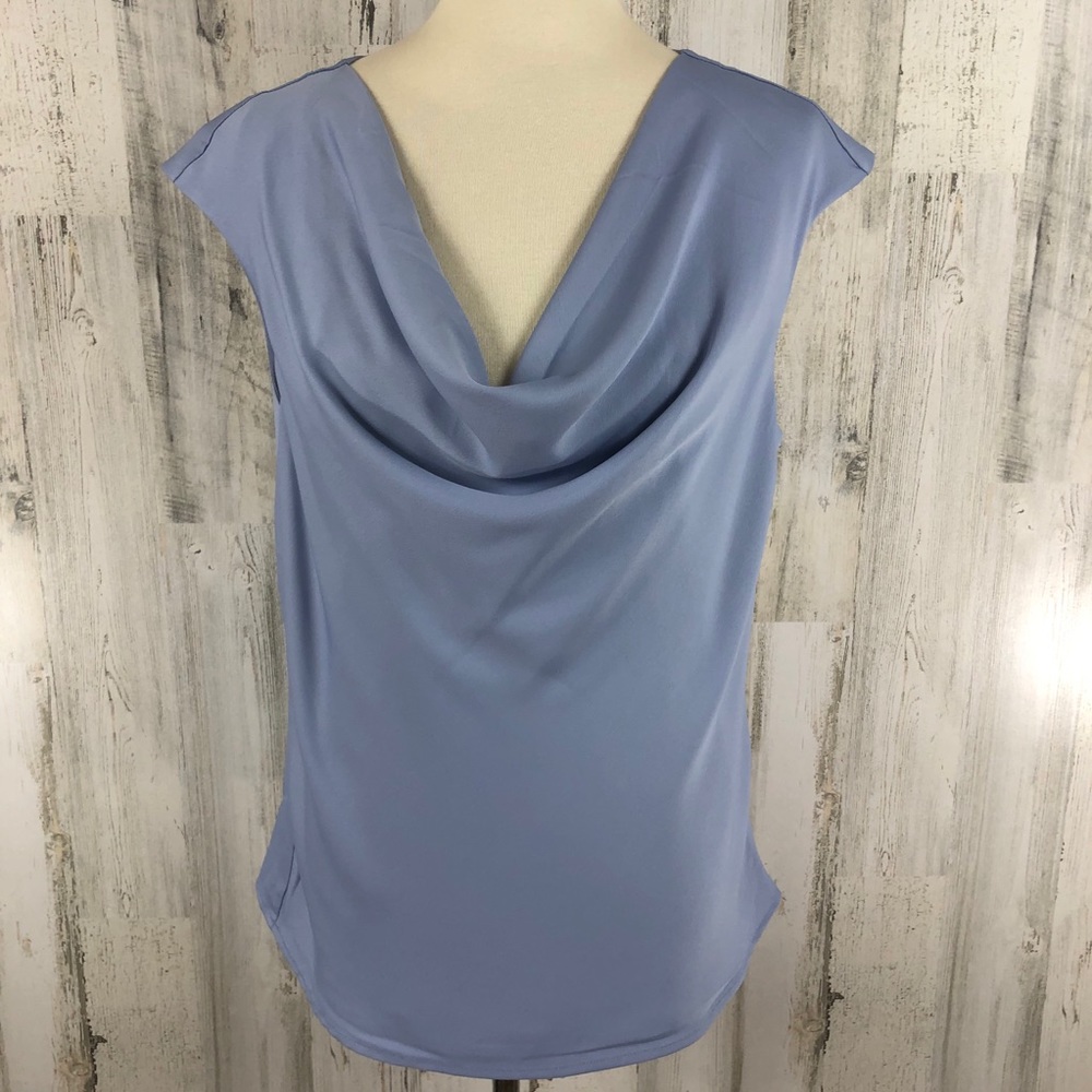 T Tahari Blue Draped Cowl Neck Cap Sleeve Blouse